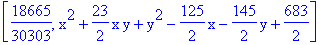 [18665/30303, x^2+23/2*x*y+y^2-125/2*x-145/2*y+683/2]